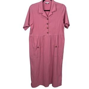 The Tog Shop Pink Smock Midi Dress Women’s Medium Wooden Buttons 90s Style